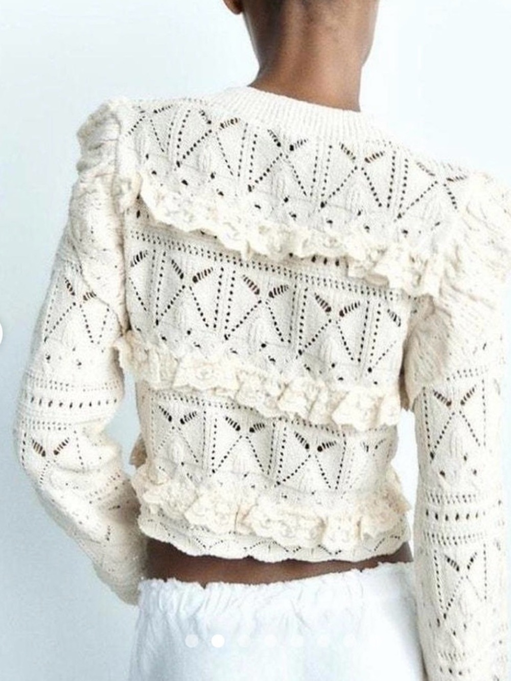 Zara White Lace Knit Ruffle Long-Sleeve Top